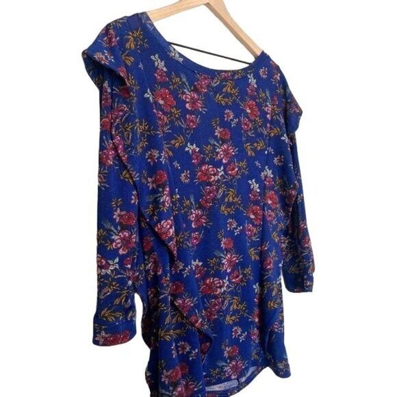Free People Large Boho Floral 3/4 Sleeve Ruffle Shirt Blue Dock Street - Picture 2 of 9